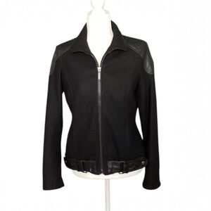 Trina Turk Wool and Leather Black Bomber Moto Jacket